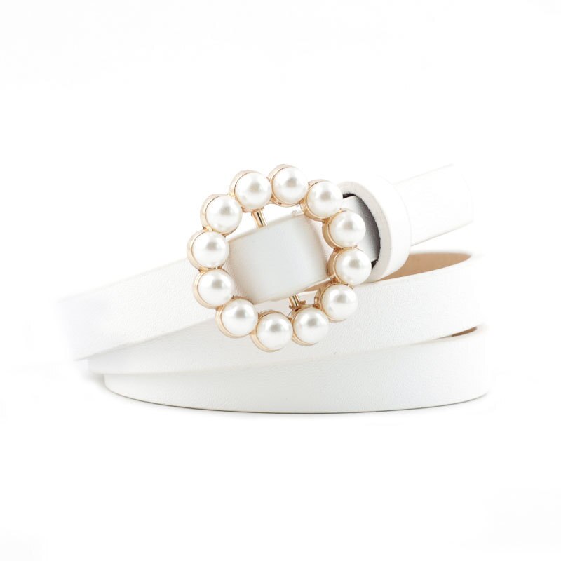 Perle dekorativt belte dame belte rund pin spenne perle belter dame casual solid pu lær tynt belte: Hvit