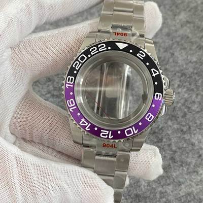 40Mm Transparante Bodem Horloge Case + Zand Riem Strap Extension Gesp Platte Saffierglas Geschikt Voor NH35/NH36 beweging: Black Purple GMT