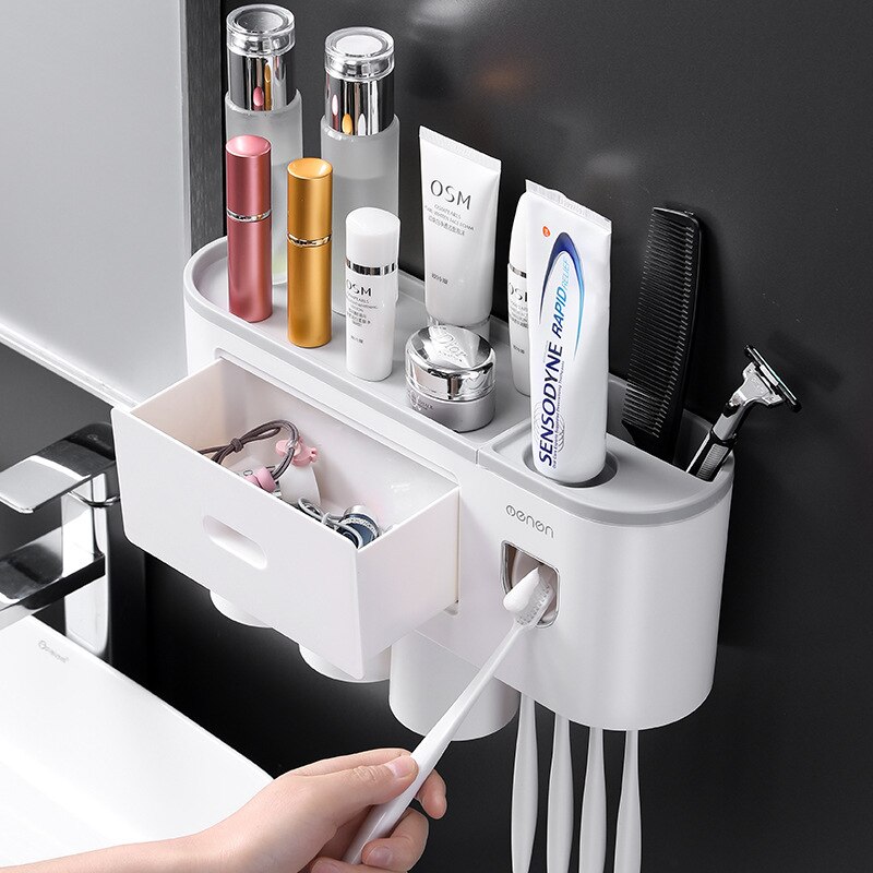Magnetic Adsorption Toothbrush Holder Automatic Toothpaste Squeezer Home Storage Shelves Wall-mounted Bathroom Accessories Set