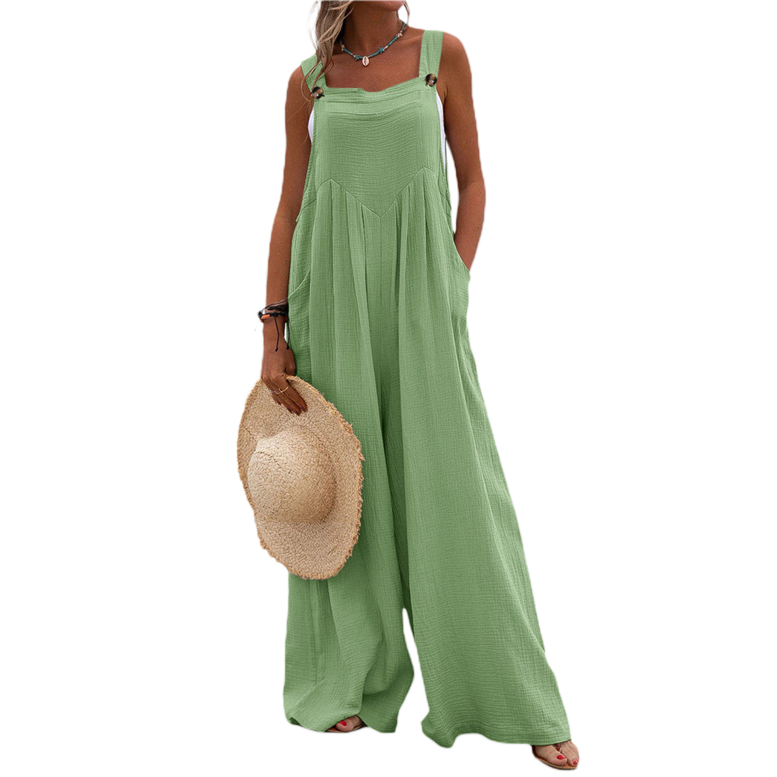 Overalls til kvinder sommer afslappet knapbukser med brede ben og seler, lange overalls med lommer, dameplantebukser: S / Beige