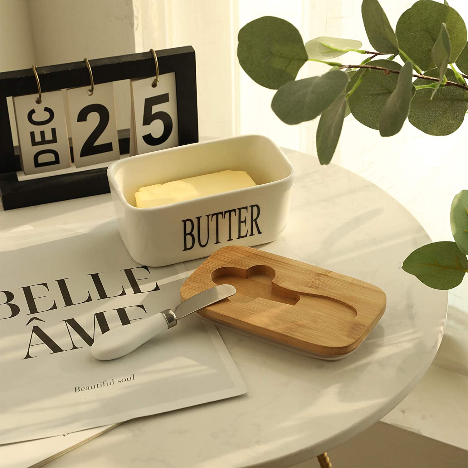 Nordic Butter Sealing Box Ceramic Butter Plate with Wood Lid and Knife Cheese Storage Tray Butter Dish Container Box