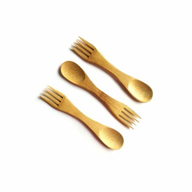 Herbruikbare Bamboe Spork Met Twist Rvs Rietje Nul Afval Bamboe Gebruiksvoorwerpen 2 In 1 Bamboe Lepel Houten Vork te Gaan