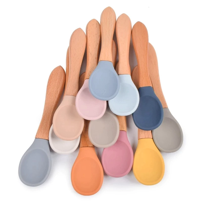 Baby Wooden Spoon Silicone Wooden Baby Feeding Spoon Soft Tip Spoon Food Grade Material Handle Tableware Toddler Utensils