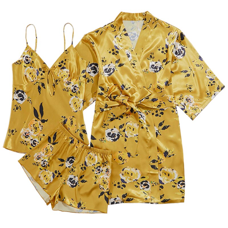 Satin Female Pajamas Set Women 3PC Yellow Suspender Shorts Sleepwear Spring Summer Autumn Pyjamas Home Wear Nightwear Robe Gown: XL