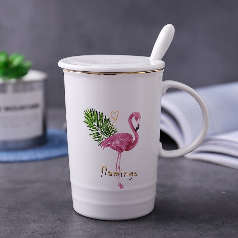 Tegneserie flamingo keramik kop nordisk stil guld kaffekop med låg med ske krus simpel kontor kaffe mælkekop: B