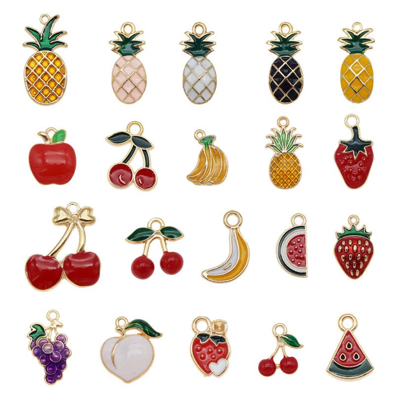 Julie Wang, 20 Uds., amuletos de fruta esmaltados, manzana mezclada, piña, cereza, fresa, tono dorado, fabricación de joyas de aleación, accesorio