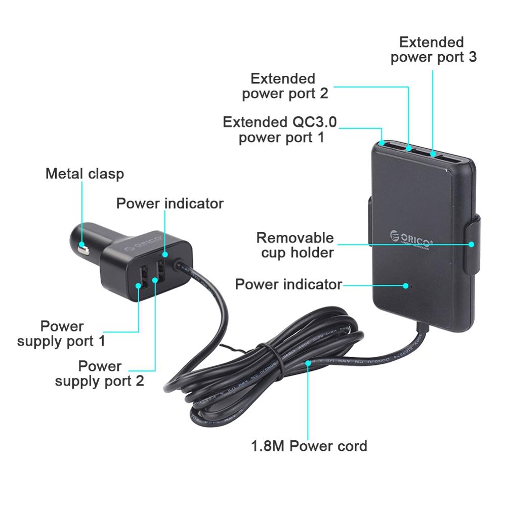 Extensor de mechero de coche, cargador de carga rápida QC 3,0 de 12V-24V, 5 puertos USB, adaptador de enchufe frontal y trasero, enchufe de carga para vehículo