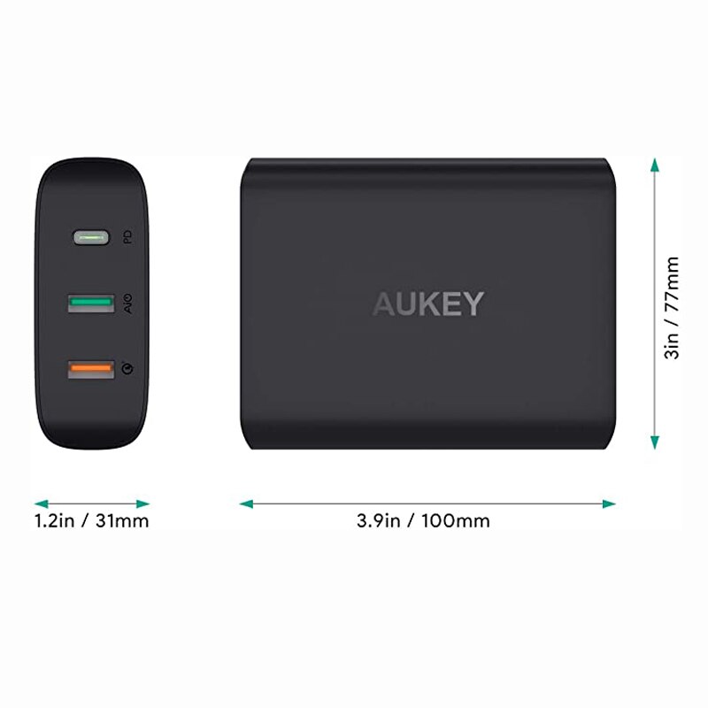 Aukey 74.5W 3-Port Laadstation Usb C Lader Met 46W Pd 3.0 & 18W qc 3.0 Met Ac Kabel Mobiele Telefoon Charer Adapter