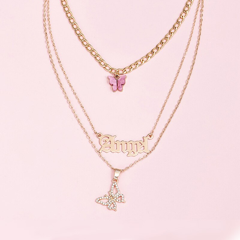 3Pcs/Set Charm Women Necklaces Set Letter Angel Hollow Butterfly Clavicle Chain Gold Necklace Wedding Party Lady Jewelry
