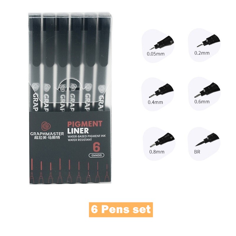 9 Different Tip Pigment Liner Pens Graphmaster Water Resistance Fine Point Art Brush Marker Drawing Sketch School H6204: 6 pens set