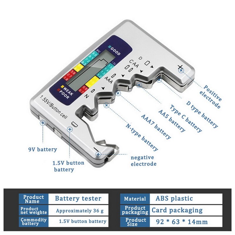 Mini C/D/9V/AA/AAA/1.5V Digital Battery Capacity Tester Lithium Household Battery Power Supply Measuring Instrument