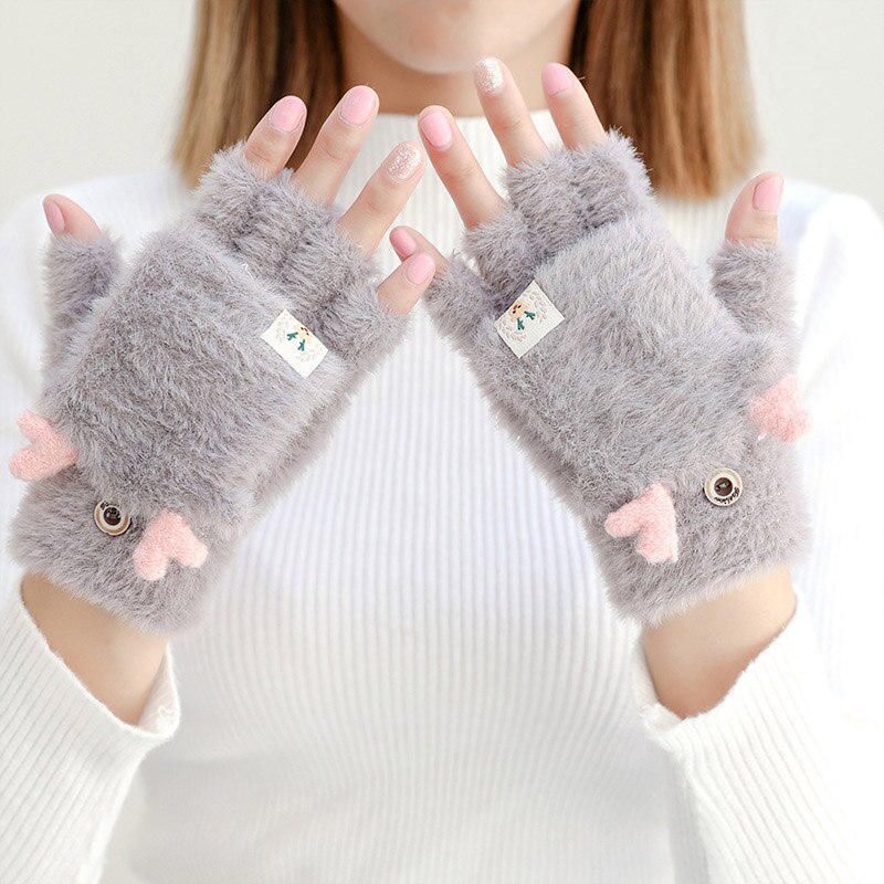 Winter Warme Zachte Konijnenbont Knit Mittens Vrouwen Flip Half Vinger Pluche Dikke Leuke Cartoon Kat Klauw Touchscreen Rijden handschoenen I1: B Gray