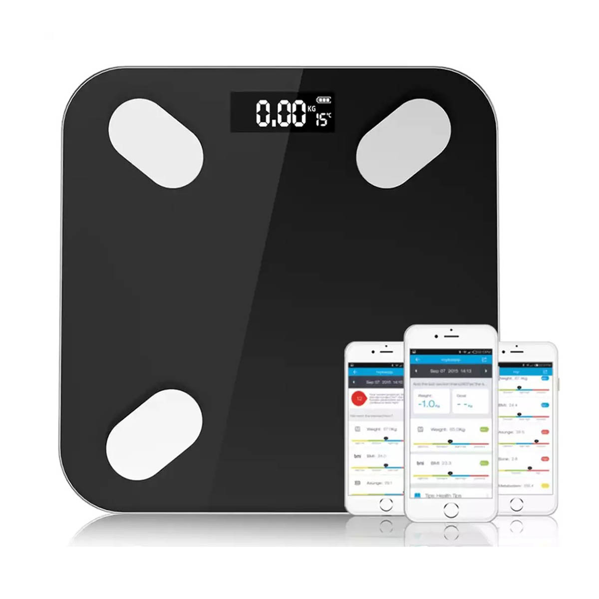 Báscula Digital Bluetooth Inteligente con 12 mediciones, moderna, , precisa, resistente, vidrio templador, pantalla LCD, compatible con móvil o Tablet, app IOS y Android, bascula de baño, basculas, bascula