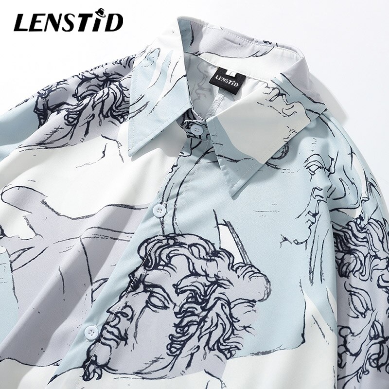 LENSTID Men Hip Hop Long Sleeve Thin Loose Shirt Streetwear Characters Print Hawaiian Shirt Oversized Autumn Harajuku Tops Shirt