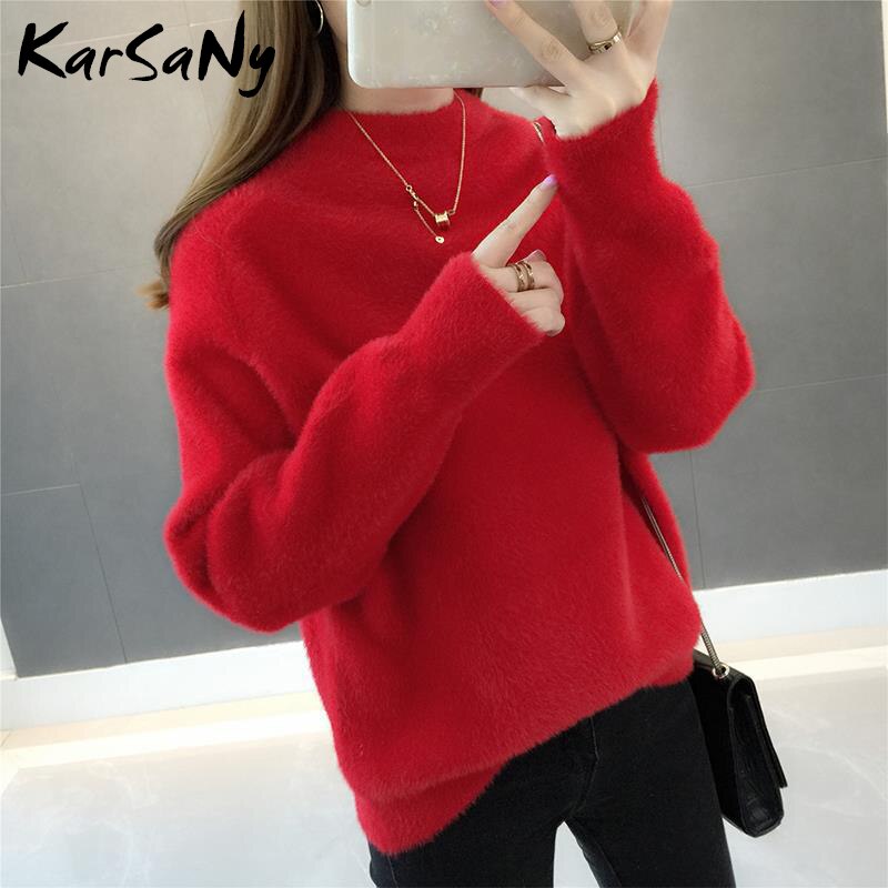 Fluffy mohair sweatere til kvinder vinter varm hvid trøje tyk blød strikket trøje kvinder solid løs sweater hun: Rød