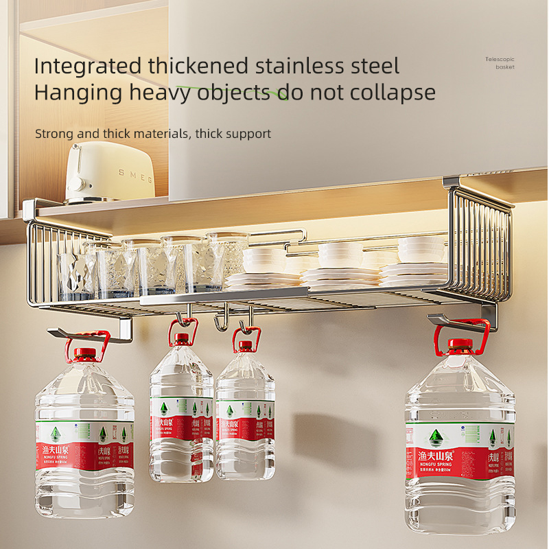 Stainless Steel Retractable Hanging Basket Kitchen Cabinet Desktop Sundries Hanger Hooks Layered Suspension Increase Space Rack