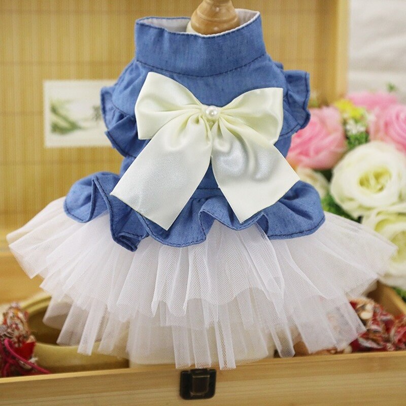 Pet denim dress cat dog princess wind skirt kitten puppy cute tutu skirt dog breathable T-shirts cat comfort shirts pet clothes: white yarn / Xl