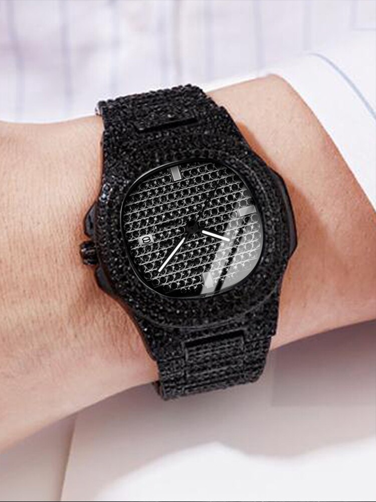 1 Stück Business Kalender Männer voller Diamant schwarz Stahl Band Quarzuhr