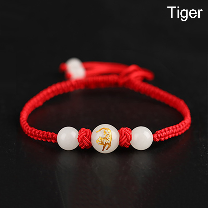 Chinese Stijl 12 Dierenriem Dieren Armband Unisex Handgemaakte Gevlochten Rode Draad Lucky Lichtgevende Steen Verstelbare Armband Paar: Tiger