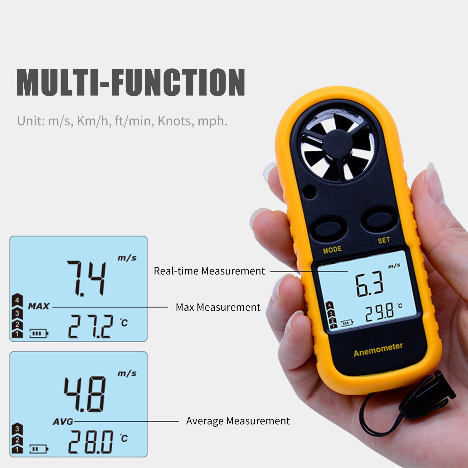 Handheld Lcd Mini Digitale Anemometer Windsnelheid Wind Gauge Meter 0.3-30 M/s Sensor Tester Met Achtergrondverlichting display