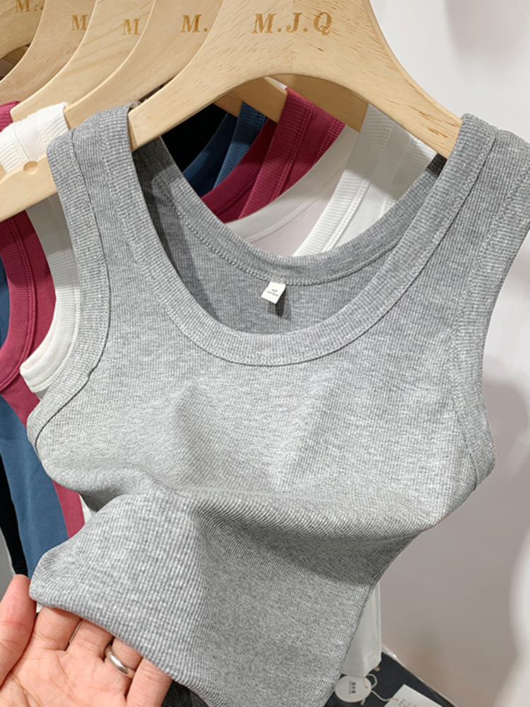 Sommer kvinder ærmeløse tanktoppe crop top o-hals fitness strikket ribbet vest dame ensfarvet camis cropped streetwear