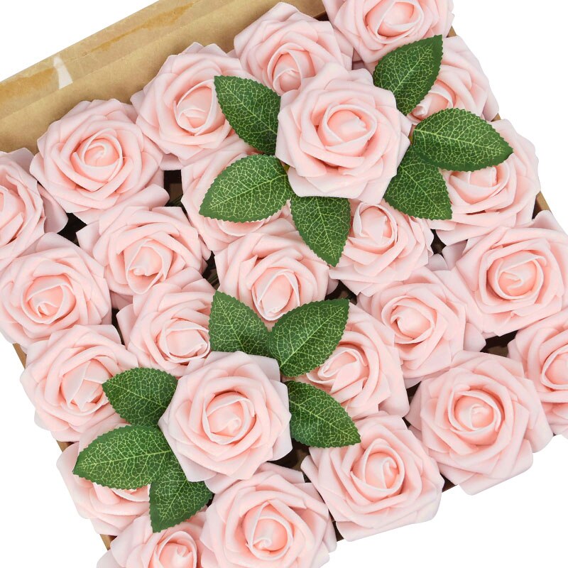 25 Pièces/boîte Mousse Artificielle Rose Fleurs avec des Feuilles Bouquets De Mariée De mariage De Décoration De Jardin de Partie Fausse Fleur BRICOLAGE Artisanat: peach pink