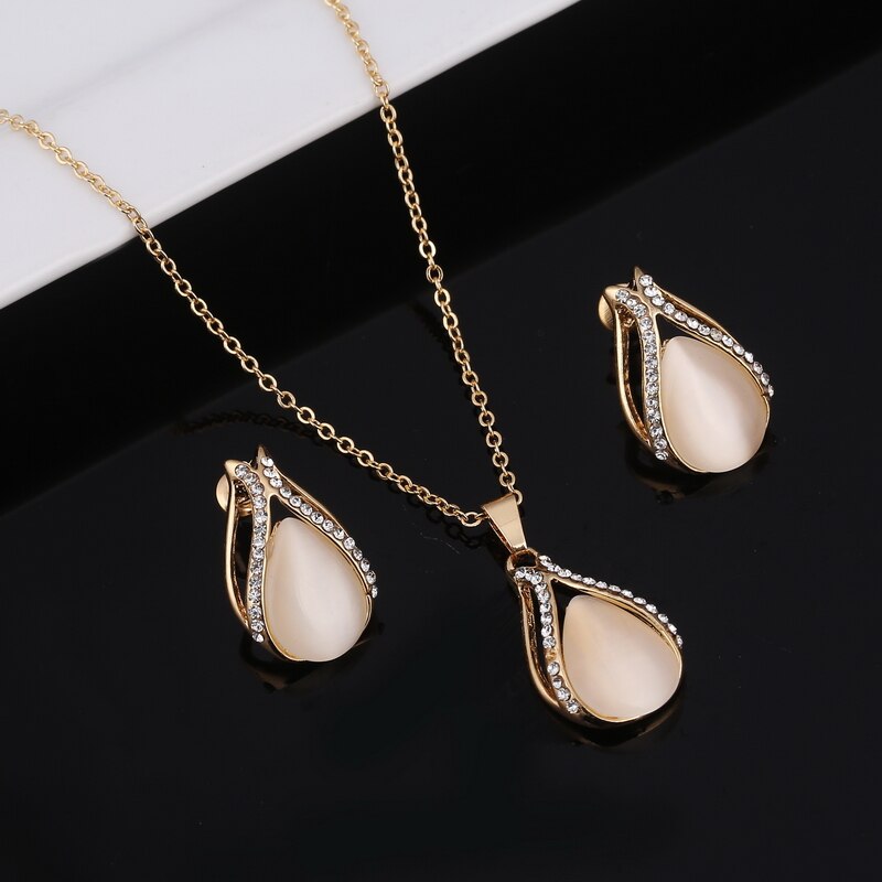 Hesiod elegancki Waterdrop naszyjnik kolczyki biżuteria zaręczynowa dla nowożeńców zestawy kryształ w złotym kolorze kocie oko opale biżuteria prezenty