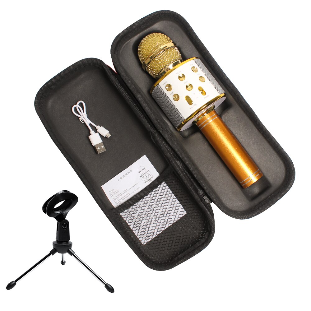 WS858 Microphone Bluetooth sans fil Mikrofon lecteur de musique micro avec trépied sac de rangement Bluetooth Microphone chantant karaoké: Gold