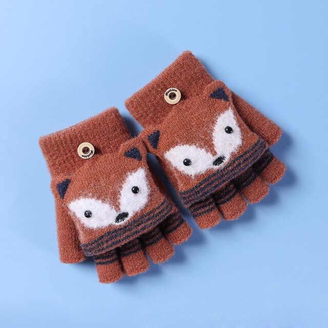 Kinderen Winter Gebreide Convertible Handschoenen Kerst Cartoon Vos Warme Zachte Gevoerd Flip Top Vingerloze Wanten Baby Handschoenen 6-10T: brown