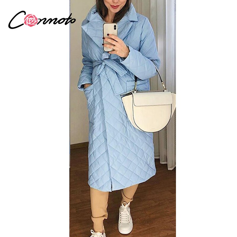 Conmoto Lange Rechte Jas Met Ruit Patroon Casual Sjerpen Vrouwen Winter Parka Diepe Zakken Maat Kraag Stijlvolle Bovenkleding: Blauw / S