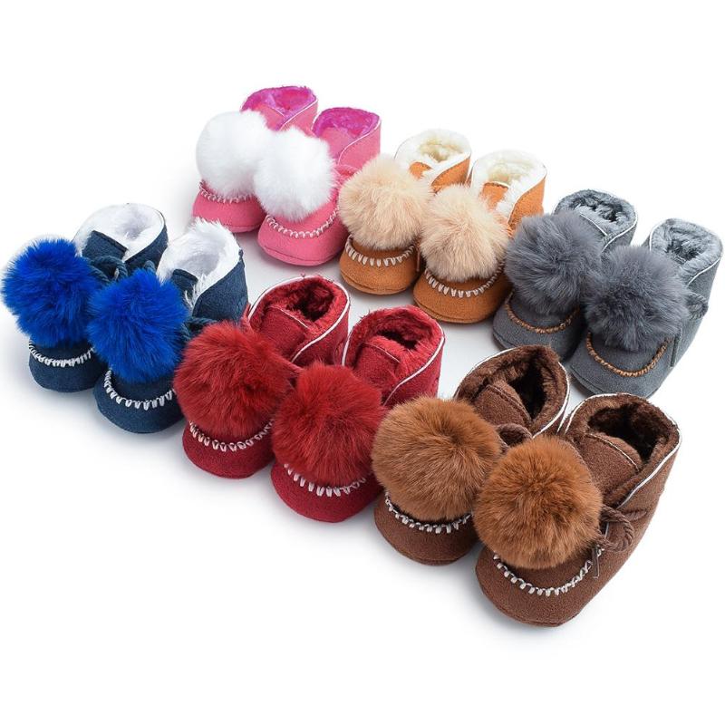 Thicken Baby Boots Lace-Up Lovely Pompon Non-slip Snow Prewalker Soft Coral Fleece Toddler Solid Color Winter Warm Shoes