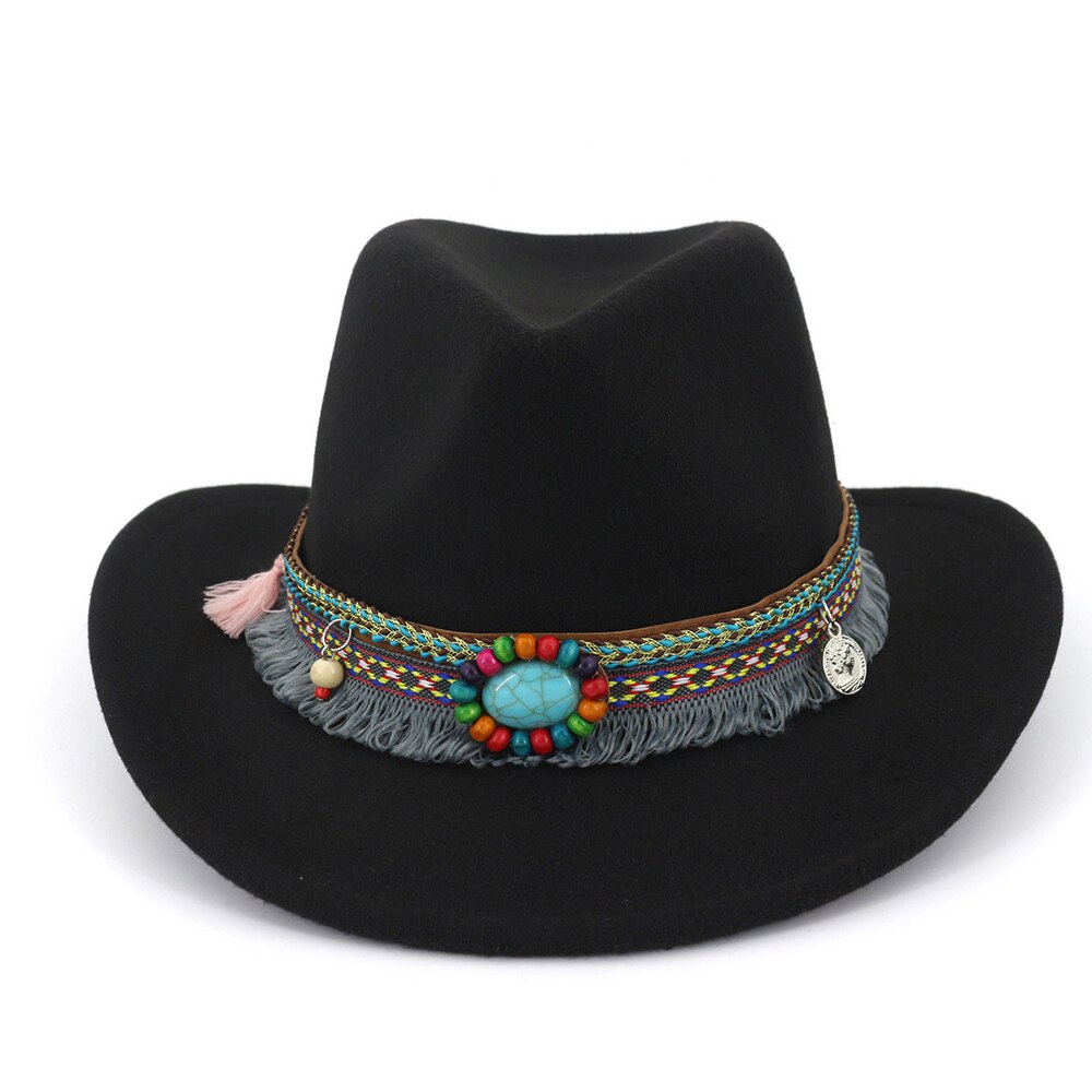 Kvinder uld vestlige cowboy hat med kvast bånd bred kant rand hat hat sombrero hombre hat: Sort