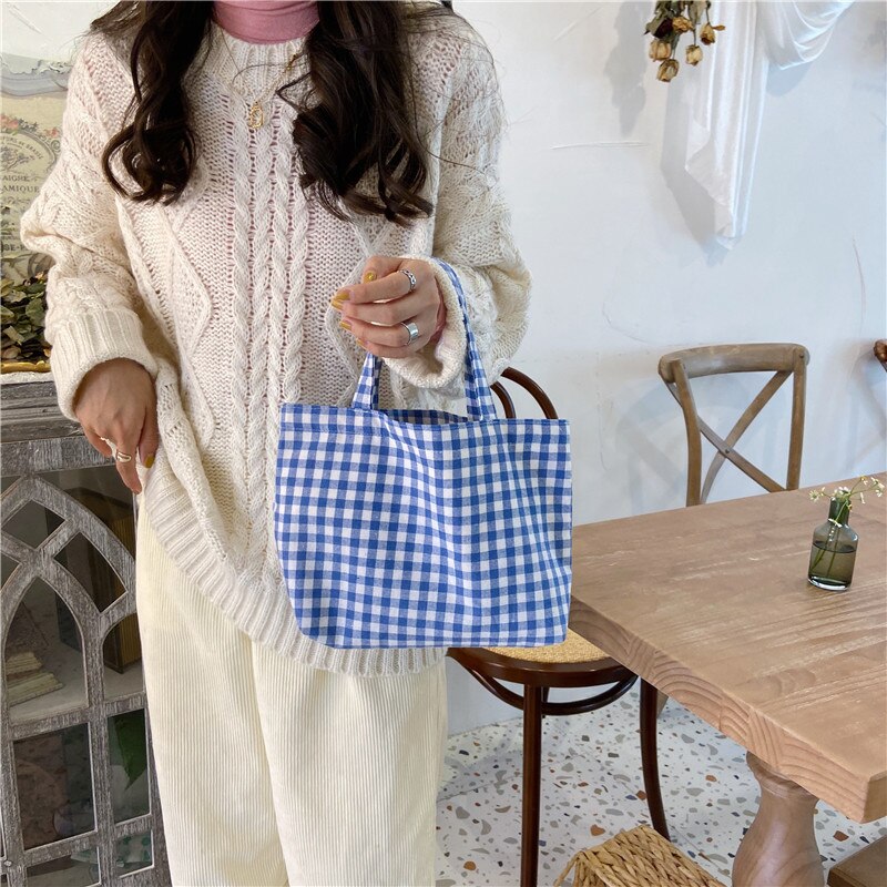 neue Tragbare Mittagessen Tasche Japanischen Plaid Baumwolle Picknick Lebensmittel Tasche Frauen Einfache Kleine Trage Koreanischen Stil freundlicher Mittagessen Taschen freundlicher