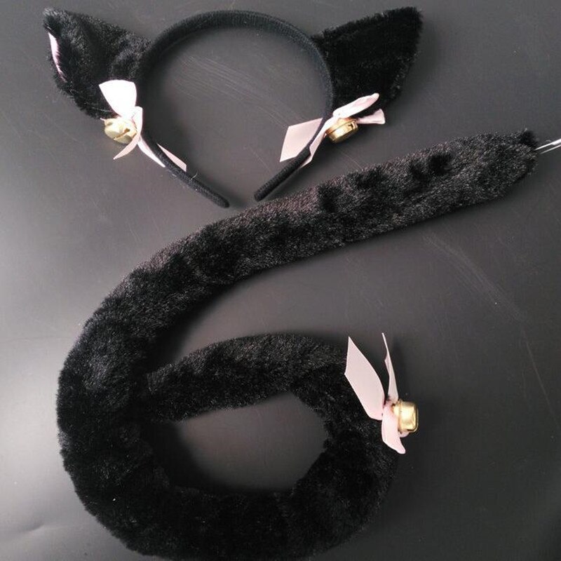 Anime mujeres oreja de zorro chica gato cinta del pelo de felpa cola ama de llaves de dama Conjunto de vestir accesorios carnaval partido del traje de Cosplay de Halloween: Black Set