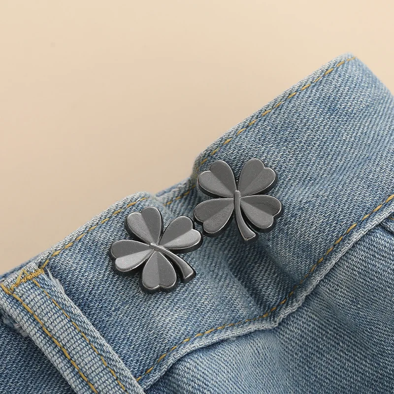 Botón de cintura con lazo para apretar, hebilla de cintura ajustable en forma de estrella y flor, sin costura, broche para pantalones, alfileres de fijación para pantalones vaqueros reutilizables: Verde negro / Plata