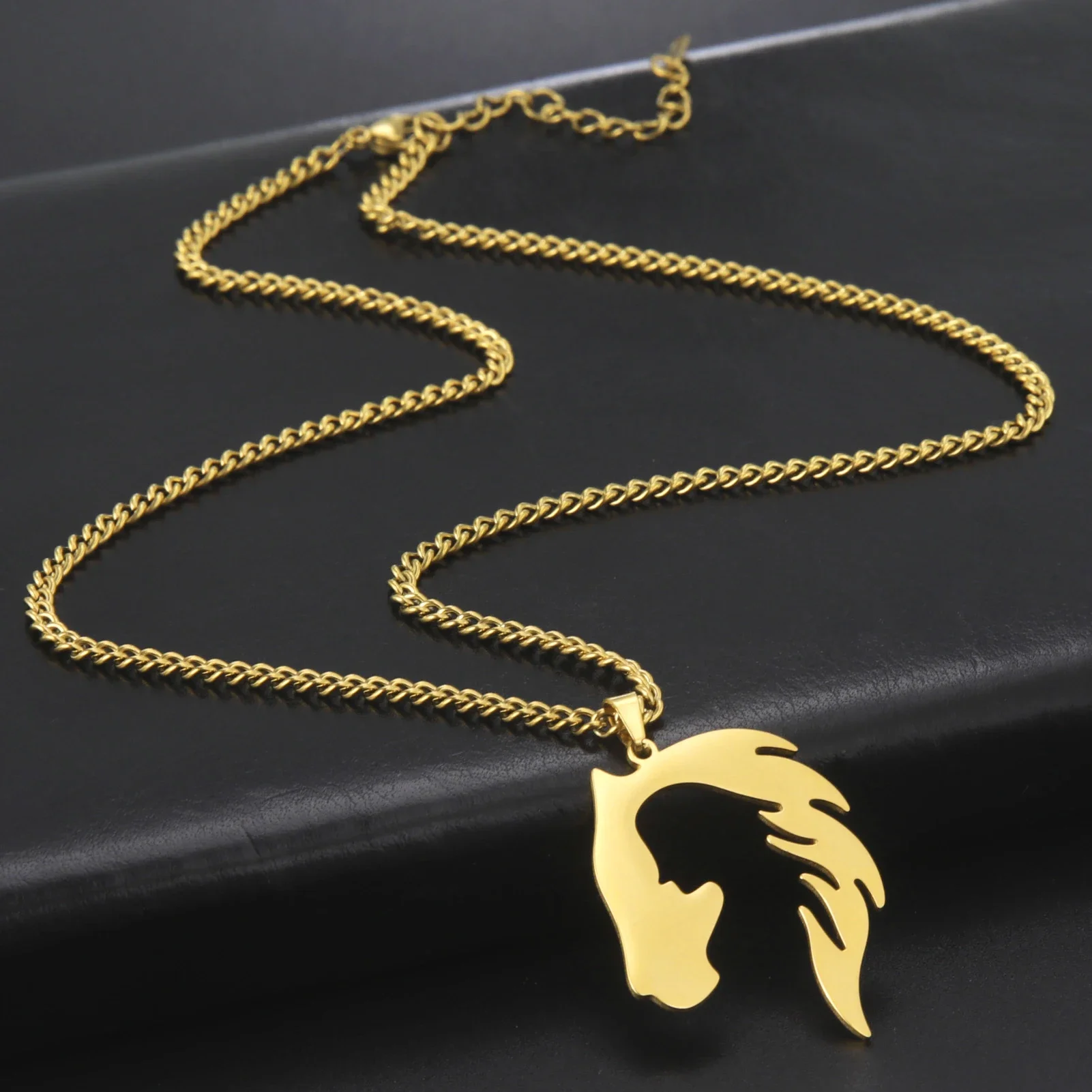 Horse Head Silhouette Girl Pendant Necklace Hollow Stainless Steel Choker for Women Jewelry