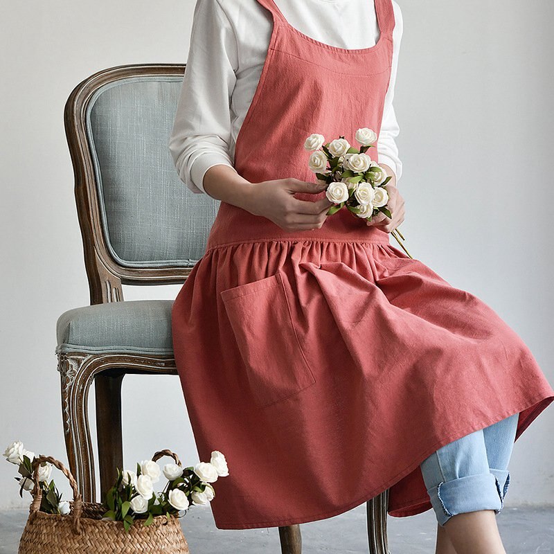 Delantales de cocina para restaurante ropa de algodón y lino para mujer, delantal de trabajo para cafetería y cafetería, delantales de babero para barbacoa, Herramientas de limpieza para mujer: Red Pink