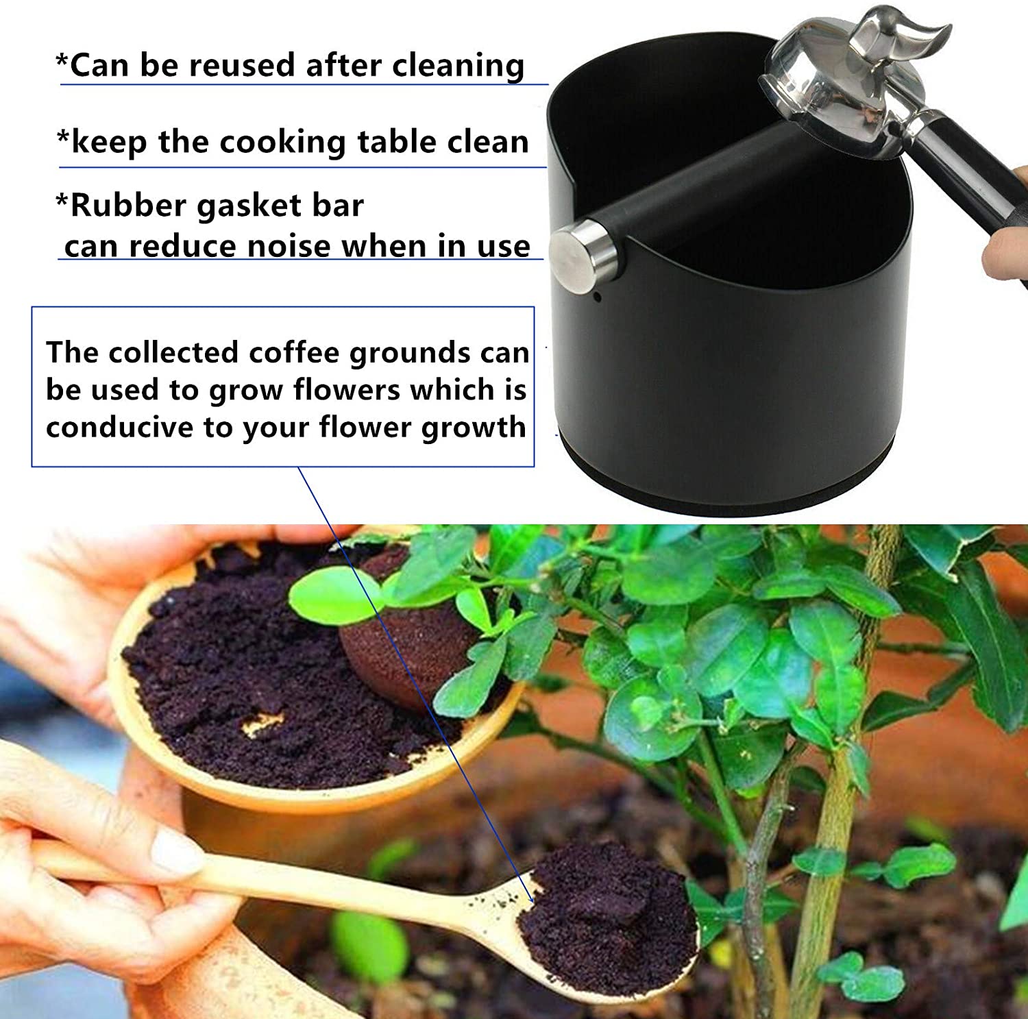 Espresso Knock Box, Stainless Steel Coffee Grounds Knock Box, With Removable Knock Bar and Non-Slip Rubber Base