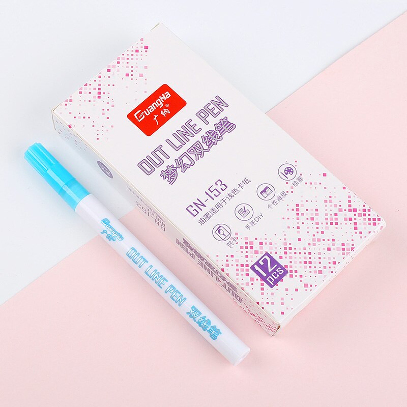 12 Magic Double Lines Art Markers Pen Out Line Pen Fine Liner Marker Fineliner Calligraphy Lettering Pen Color Scrapbooking Pens: Royal Blue 12pcs