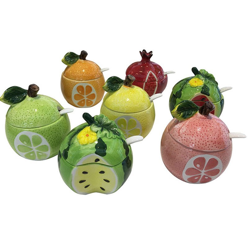 Ceramic Fruit Seasoning Pot Tropical Fruit Shape Storage Tank Combination Cute Home Kitchenware Spice Jar with Spoon