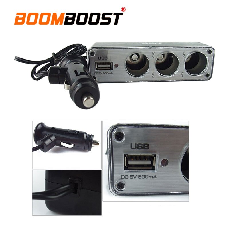 Car Cigarette Lighter 3 Way Auto Socket Splitter 12V Triple socket with one USB Charger Power Adapter Plug DC 12V