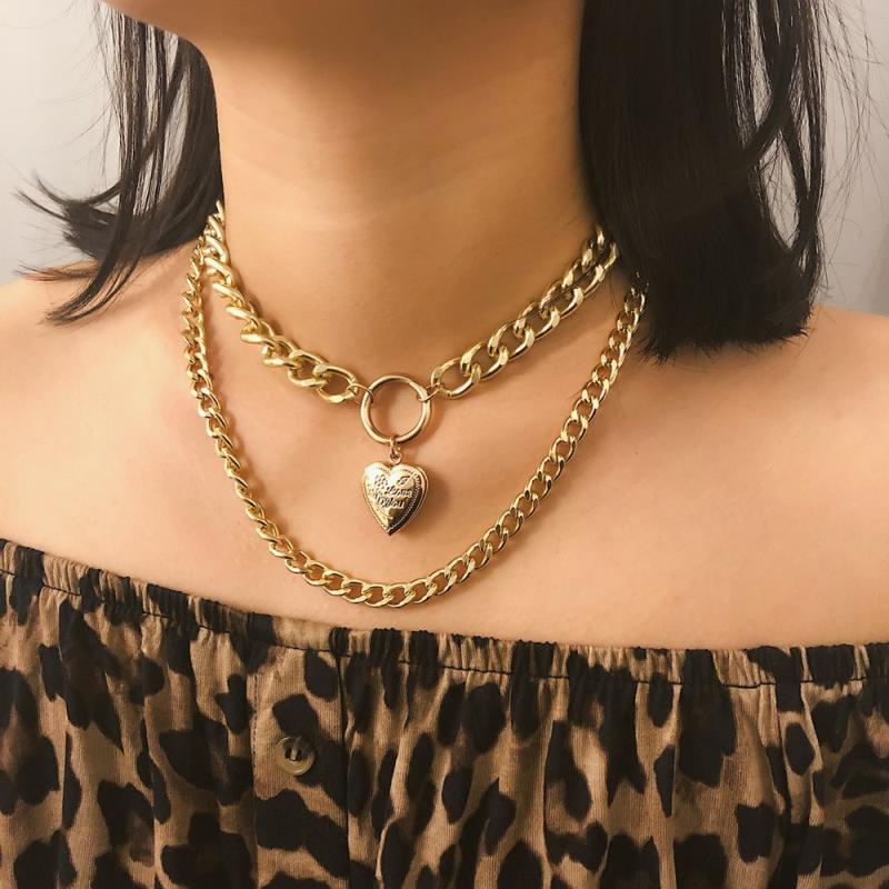 Punk Metalen Hart Choker Ketting Voor Vrouwen Grote Dikke Ketting Ronde Hollow Multilayer Hanger Lange Kettingen Sieraden