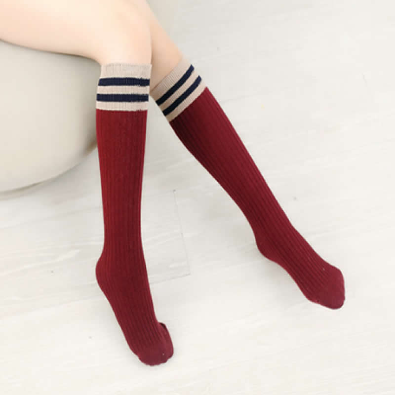 Parent-child socks knee high big girl cotton heap socks parallel bars stripe child infan two poles for straight knee sock infant: red bar