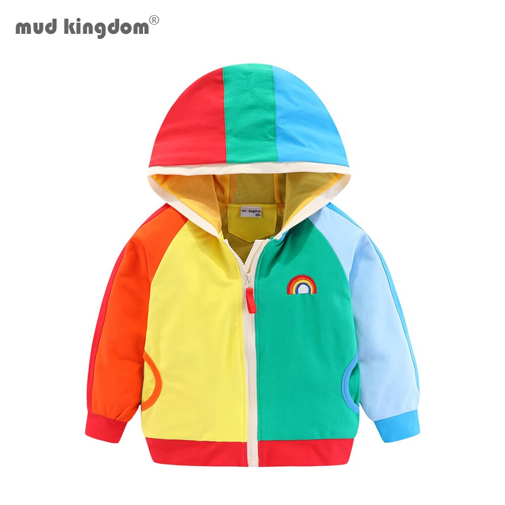 Mudkingdom Kids Hooded Jackets Rainbow Embroidery Colorblock Boys Girls Outerwear