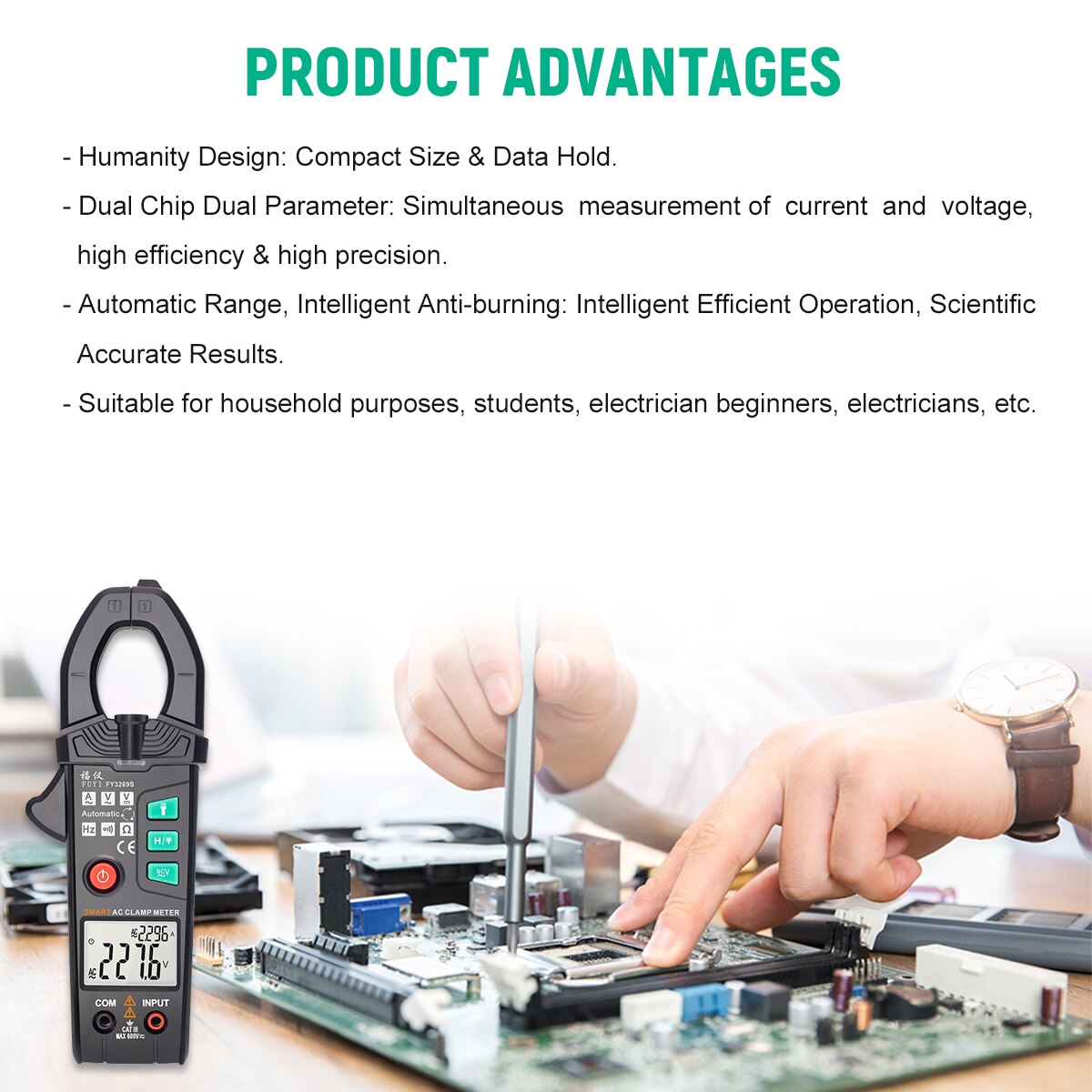 FUYI Multifunctional AC Clamp Meter 6000 Count Dual Parameter Display Clamp Multimeter True RMS AC Current Clamp Ammeter