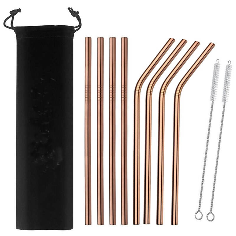 4/8Pcs Edelstahl Strohhalme Metall Wiederverwendbare Trinken Stroh Gold Gerade Gebogen Stroh Mit Reinigung Pinsel und Tasche: Rose Gold(8Pcs)