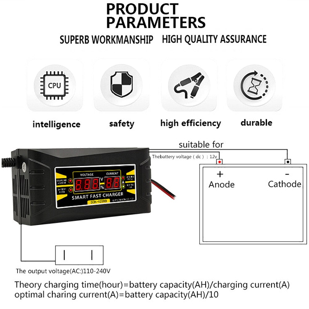 LEEPEE 150V-250V Lead Acid Battery-chargers LCD Display US EU Plug 12V 6A Smart Fast Power Charging Suitable for car motorcycle