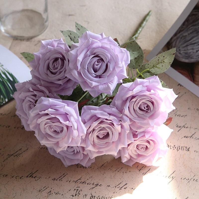 Silk Pink Rose Bouquet Artificial Roses Wedding Bride with Flower Home Living Room Bedroom Garden Flower Arrangement Decoration: light purple