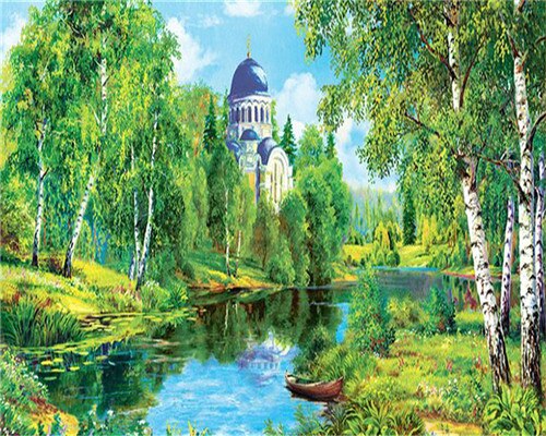 Azqsd kleuren op nummer natuur landschap acryl afbeeldingen olieverfschilderij op nummer meer schilderpakketten woondecoratie: Szyg 3009