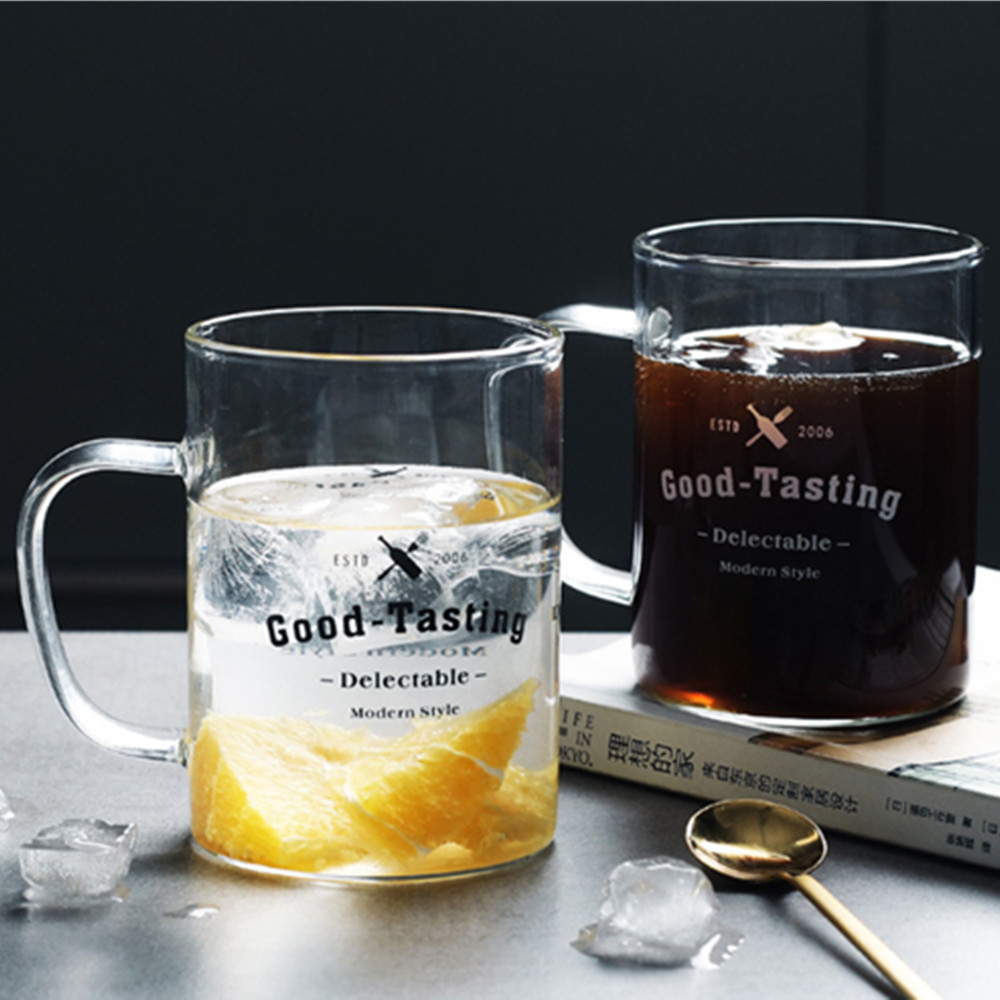 Vaso de agua de vidrio de borosilicato, Vaso de Leche recto con vaso de bebida fría, vaso de zumo, vaso Simple con Taza de leche de letras en inglés
